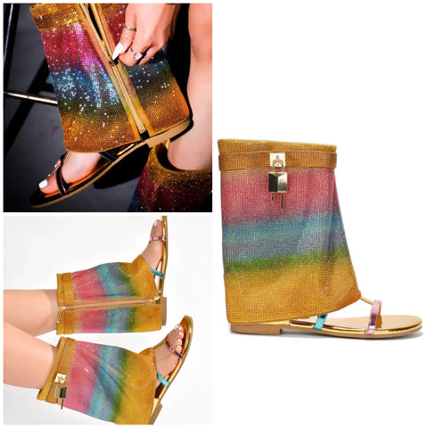 Women Rainbow Buckled Lock Open Toe Ankle Boots