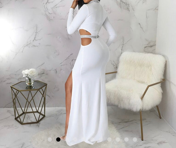 Women Sexy Bling Patchwork Full Sleeve Cut Out Maxi Dress