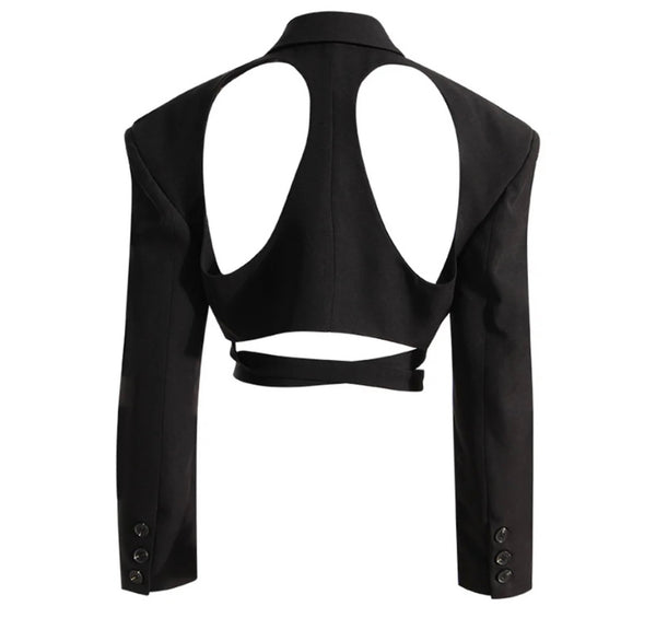 Women Sexy Black Full Sleeve Cut Out Lace Up Blazer Crop Top