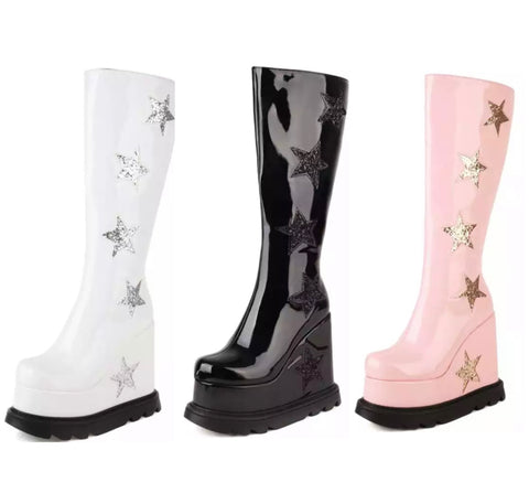 Women Patent Leather Star Thick Platform Knee-High Boots