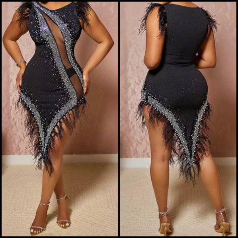 Women Sexy Sleeveless Bling Mesh Patchwork Feather Dress