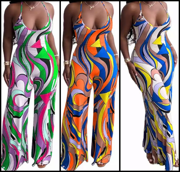 Women Sexy Multicolored Print Halter Wide Leg Jumpsuit