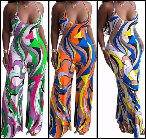 Women Sexy Multicolored Print Halter Wide Leg Jumpsuit