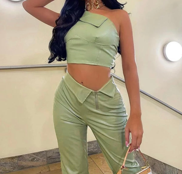 Women Sexy One Shoulder Crop PU Pant Set