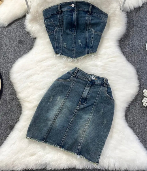 Women Sexy Fashion Strapless Denim Two Piece Skirt Set