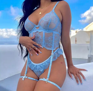 Women Sexy Blue Lace Lingerie Set