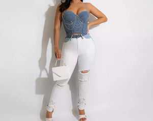 Women Sleeveless Fashion Pearl Denim Crop Top