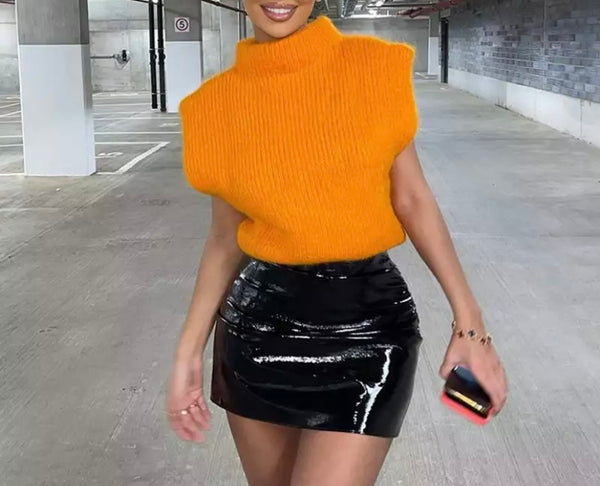 Women Turtleneck Sleeveless Orange Fashion Top
