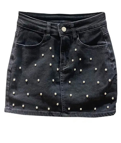 Women Fashion Pearl Denim Mini Skirt