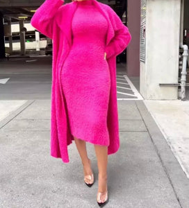 Women Fashion Pink Sexy Cardigan Dress Set