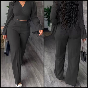 Women Solid Color Full Sleeve Crop Two Piece Pant Set