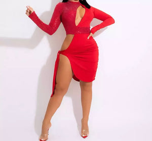 Women Sexy Red Cut Out Long Sleeve Dress
