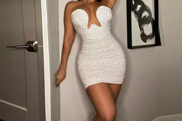 Women Bling Ruched Sexy Strapless Dress