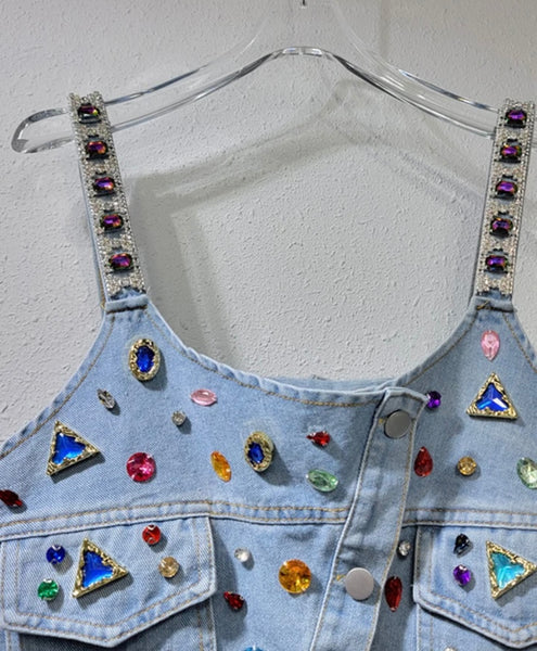 Women Fashion Sleeveless Crystal Button Up Denim Crop Top
