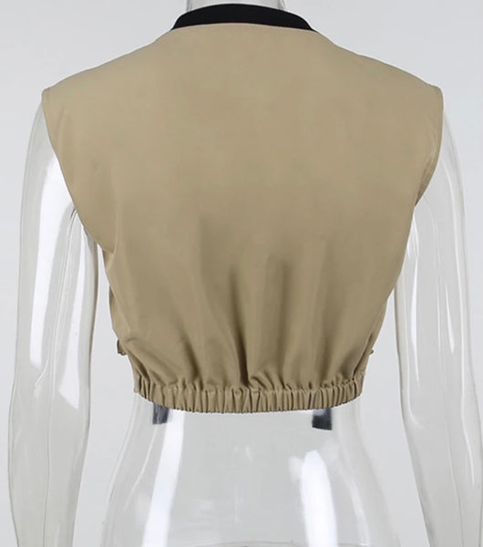 Women Fashion Pocket Sleeveless Zipped Crop Top