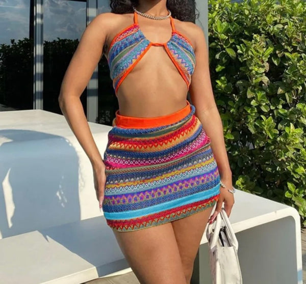 Women Sexy Multicolored Striped Halter Two Piece Skirt Set