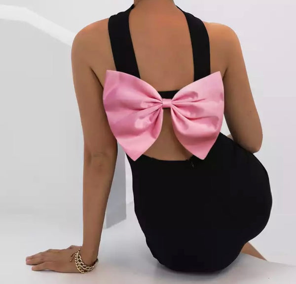 Women Black Sexy Back Pink Bow Dress