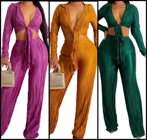 Women Sexy Full Sleeve Tie Up Crop Two Piece Pant Set