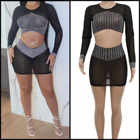 Women Sexy Black Mesh Bling Full Sleeve Crop Two Piece Skirt Set