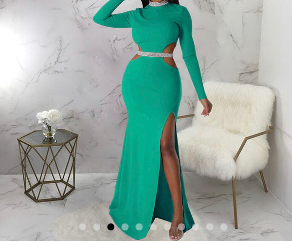 Women Sexy Bling Patchwork Full Sleeve Cut Out Maxi Dress