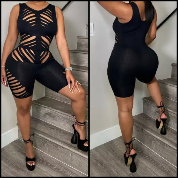 Women Sexy Black Sleeveless Cut Out Romper