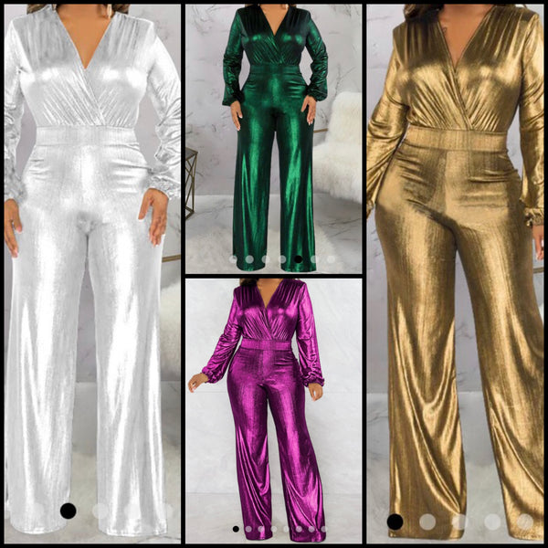 Women Sexy Metallic Full Sleeve V-Neck Jumpsuit