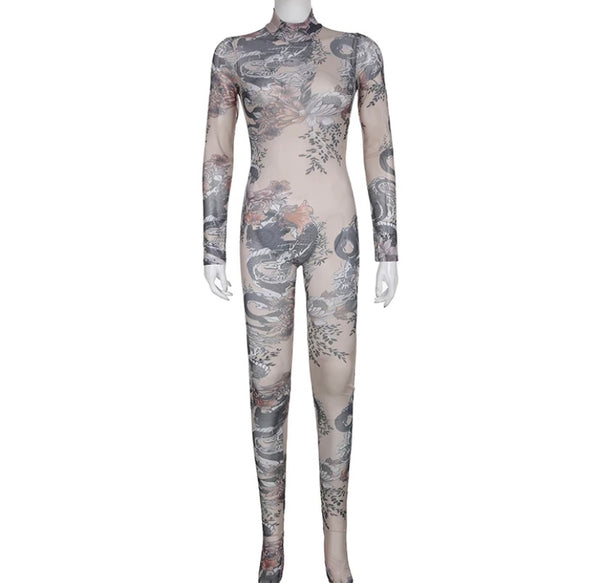 Women Mesh Printed Full Sleeve Feet In Jumpsuit