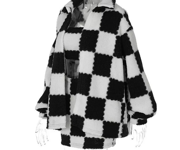Women Sexy Fashion B&W Checkered Three Piece Skirt Set