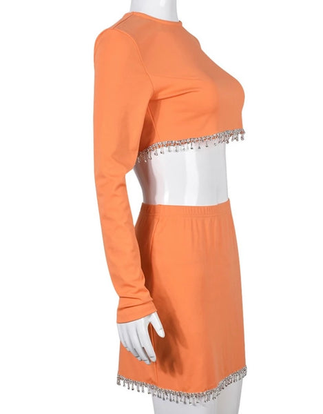 Women Sexy Orange Bling Tassel Full Sleeve Crop Two Piece Skirt Set