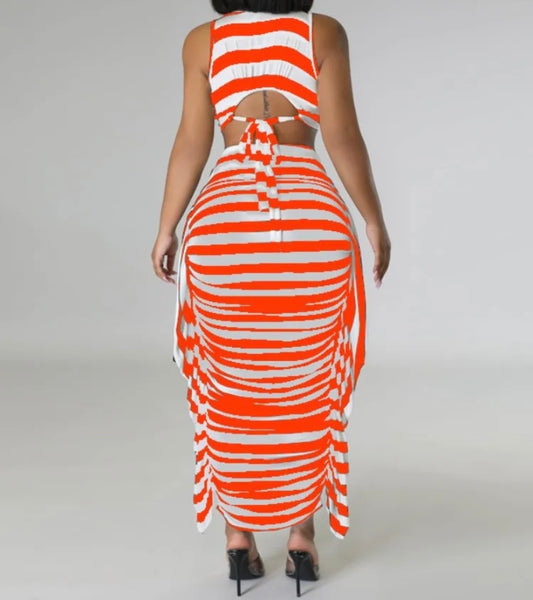 Women Sexy Striped Short Sleeve Crop Two Piece Maxi Skirt Set