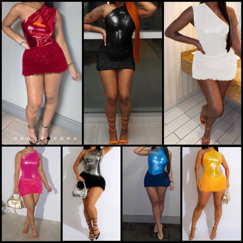 Women Sexy Faux Fur One Shoulder Dress