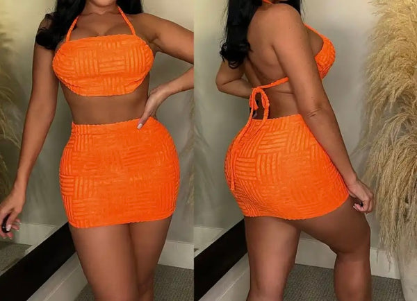 Women Halter Sexy Crop Two Piece Skirt Set