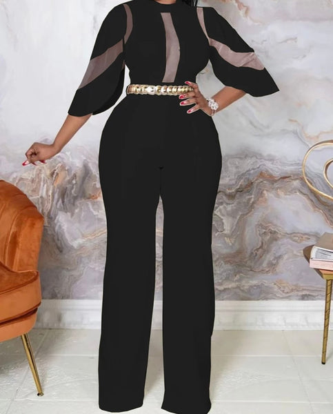 Women Sexy Solid Color Mesh Patchwork Jumpsuit