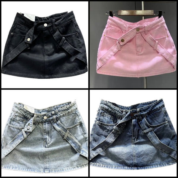 Women Fashion Criss Cross Strap Denim Skirt