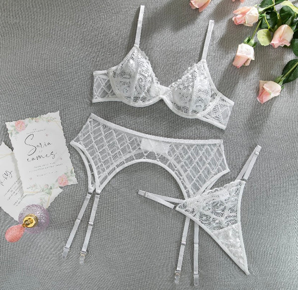 Women White Sexy Lace Mesh Lingerie Set