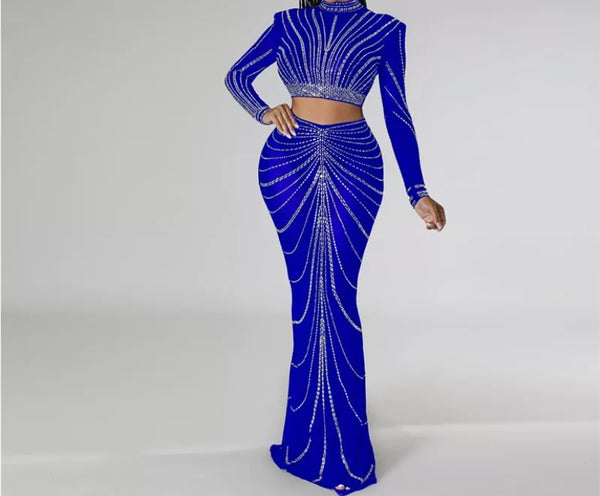 Women Bling Sexy Full Sleeve Crop Two Piece Maxi Skirt Set