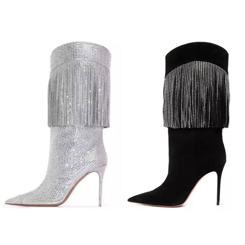 Women Pointed Toe Bling Tassel High Heel Boots