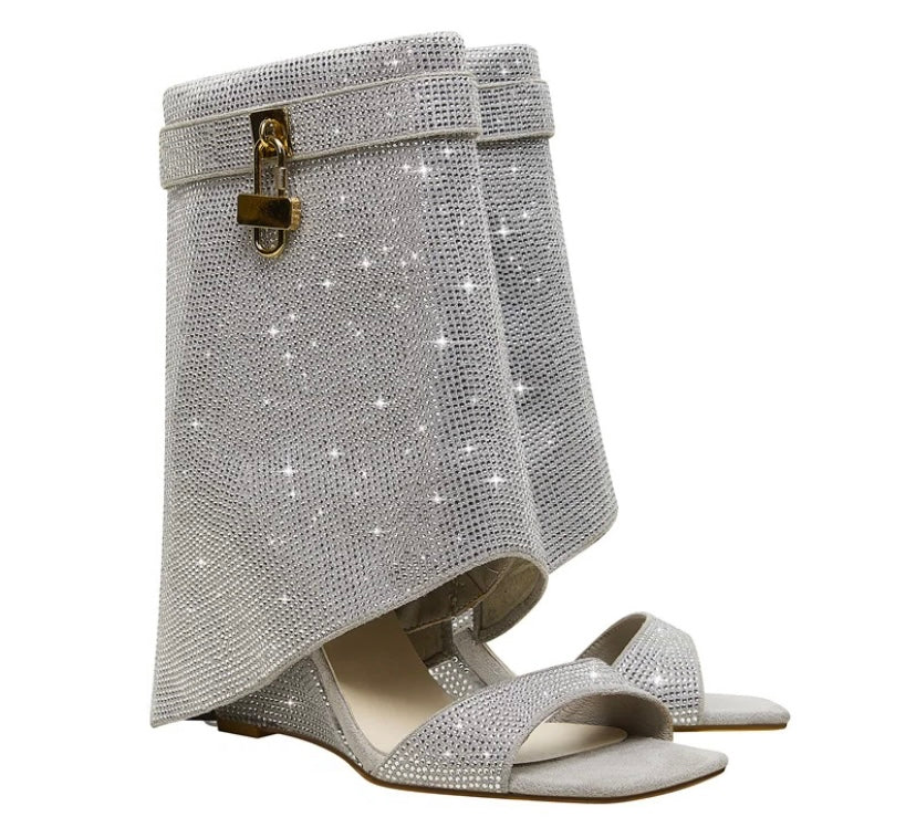 Women Bling Lock Open Toe Wedge Ankle Boots