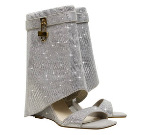 Women Bling Lock Open Toe Wedge Ankle Boots