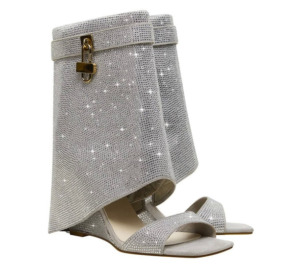 Women Bling Lock Open Toe Wedge Ankle Boots