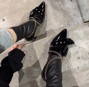 Women Black Fashion Chain Buckled Ankle Boots
