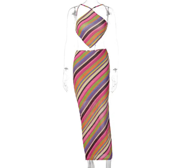 Women Sexy Colorful Striped Halter Two Piece Maxi Skirt Set