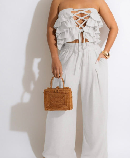 Women Ruffled Sleeveless Crop Two Piece Wide Leg Pant Set