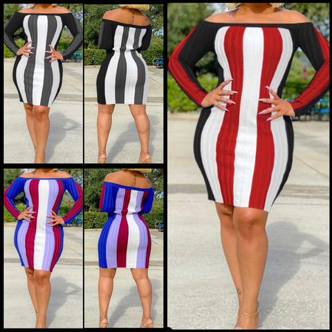 Women Off The Shoulder Color Patchwork Striped Full Sleeve Dress