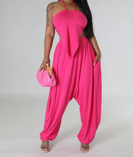 Women Solid Color Sleeveless Open Back Two Piece Pant Set