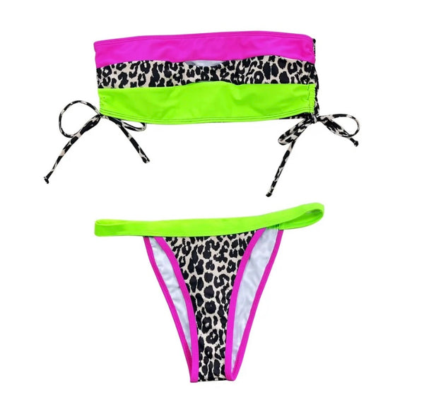 Women Strapless Sexy Animal Print Color Patchwork Bikini Swimsuit