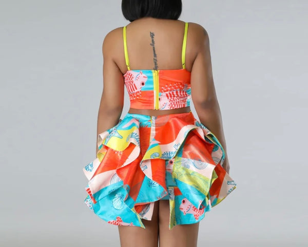 Women Sexy Sleeveless Multicolored Ruffled Two Piece Skirt Set