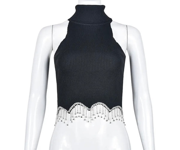 Women Ribbed Rhinestone Tassel Sleeveless Fashion Top