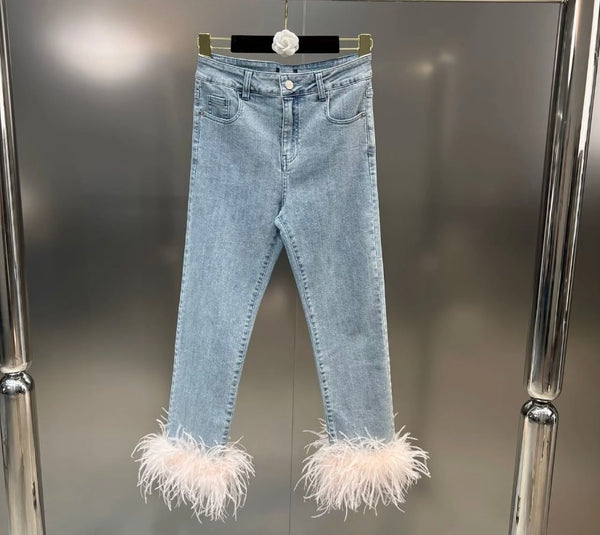 Women Fashion Feather Denim Pants