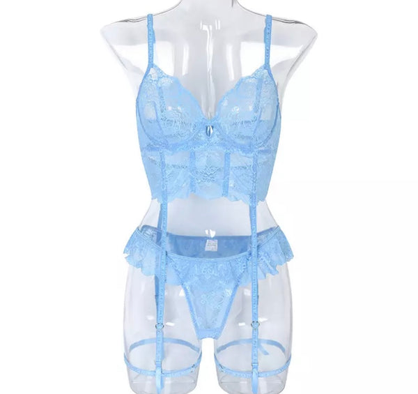 Women Sexy Blue Lace Lingerie Set